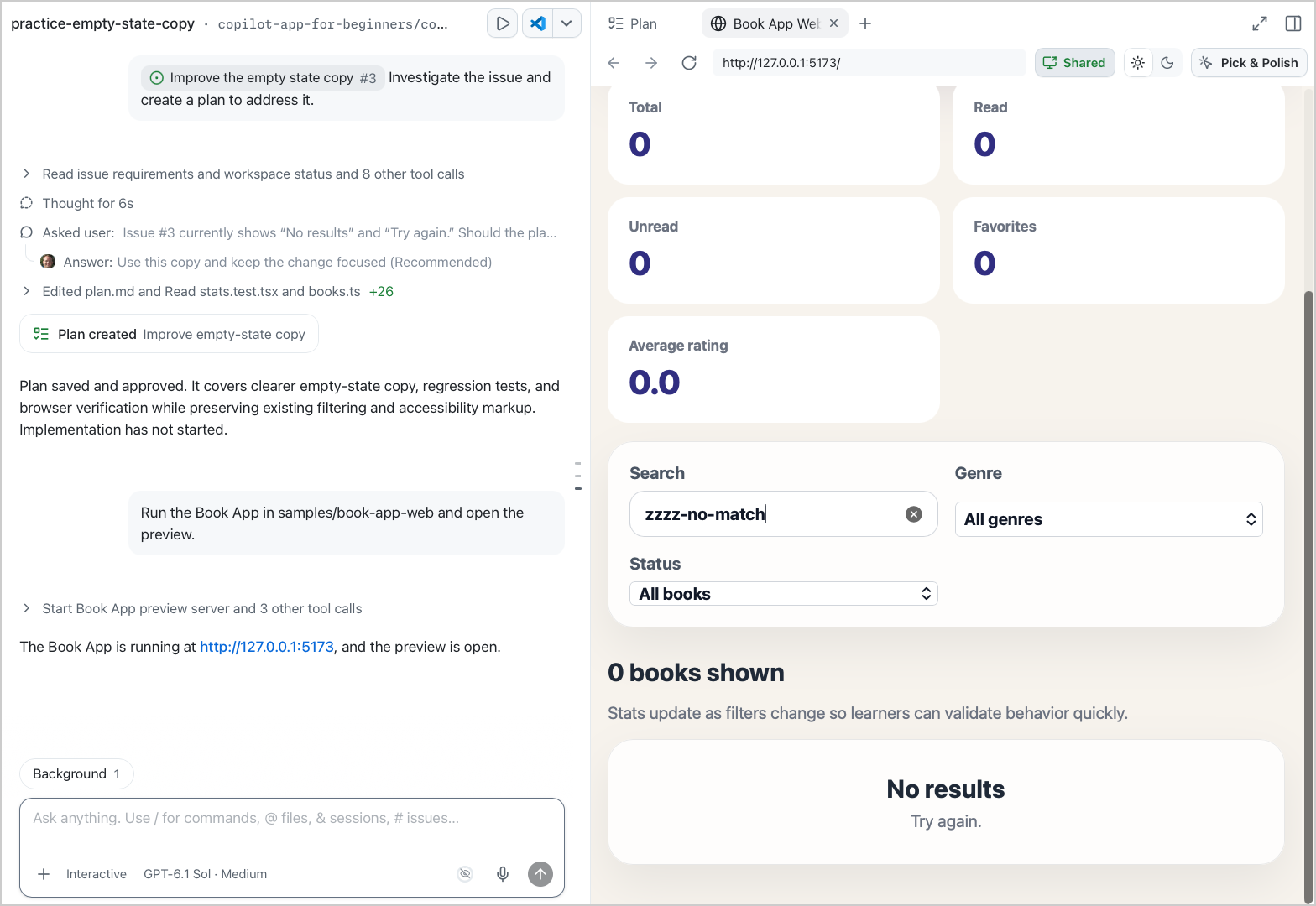 Book App preview in the browser tab with the search zzzz-no-match, 0 books shown, and the empty state No results, Try again