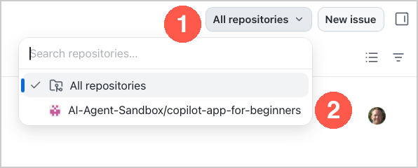 Issues repository picker with callouts for All repositories and the course repository