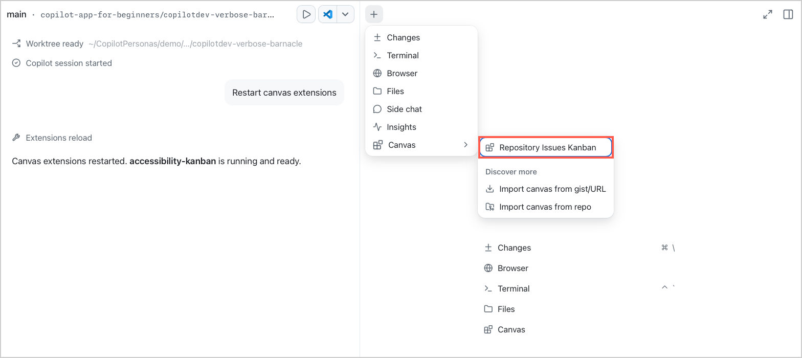 Review panel + menu with Canvas open and Repository Issues Kanban highlighted